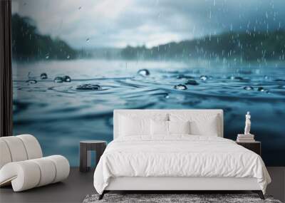 Thunderstorm raindrops falling on lake surface, 4K hyperrealistic photo Wall mural