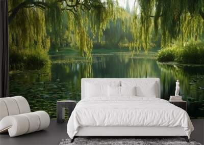 Tranquil pond surrounded by weeping willows, 4K hyperrealistic photo Wall mural