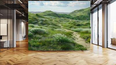 Verdant hills with a winding path and wildflowers, 4K hyperrealistic photo, Wall mural