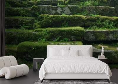 Verdant moss carpeting old stone steps, 4K hyperrealistic photo Wall mural