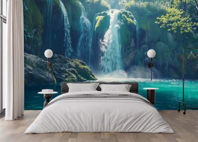 Waterfall plunging into a turquoise lagoon, 4K hyperrealistic photo Wall mural