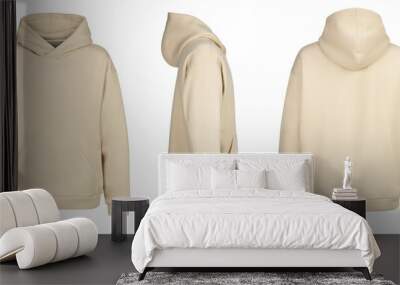 Beige hoodie template. Hoodie sweatshirt long sleeve with clipping path, hoody for design mockup for print, isolated on white background. Wall mural