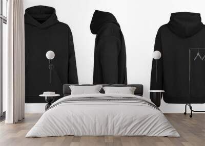 Blank black hoodie template. Hoodie sweatshirt long sleeve with clipping path, hoody for design mockup for print, isolated on white background. Wall mural