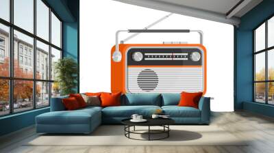 Orange old radio tuner. Vector illustration of vintage radio receiver, flat style. Retro radio. Wall mural