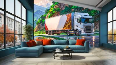 Anime-style illustration of a large cargo truck driving along a scenic mountain highway with lush greenery, reflecting water, and vibrant landscape, ideal for transportation themes Wall mural