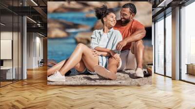 Beach, date and love with a black couple by the ocean or sea together during summer vacation. Water, travel and happy with a man and woman bonding on the coast while dating or enjoying a holiday Wall mural