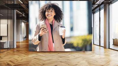 City, happy or black woman with phone for internet research, communication or networking. Tech, smile or girl in London street on 5g smartphone for social network, blog review or media app search Wall mural