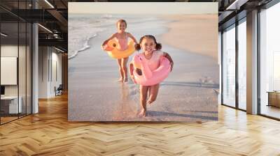 Girls running, kids and beach holiday, vacation or summer trip in Mexico. Travel, portrait and children on sandy ocean sea shore having fun, excited and happy smile together trying to catch waves. Wall mural