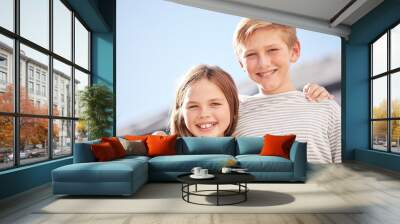 Happy, smile and portrait of children siblings bonding outdoor in a backyard garden together. Happiness, love and kids standing and playing outside in the sun for adventure while on summer holiday. Wall mural