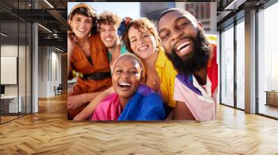 LGBTQ, selfie portrait or diversity friends happy, smile and enjoy outdoor time together, fun or holiday vacation. Transgender, bisexual and lesbian gay people with memory photo of friendship reunion Wall mural