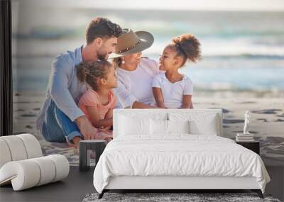 Parents, kids and beach sand vacation, family holiday and summer sea travel together in Portugal. Smile mom, love dad and happy young girl children, relax and quality time in sunshine ocean outdoors Wall mural