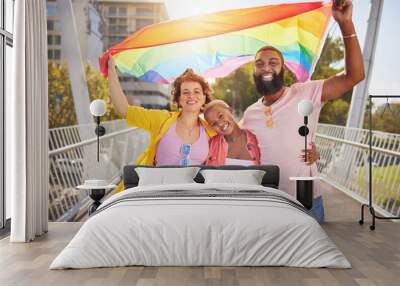 Portrait, rainbow and flag with a lgbt friends outdoor together for diversity, gay pride or freedom. Support, equality and human rights with a man and woman friend group standing outside for politics Wall mural