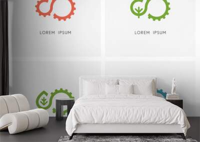 Industry and nature logo set. Gear wheel or pinion, green tree, leaf and drop of water symbol - mechanical engineering, alternative energy and hydro power, ecology and environment icons. Wall mural