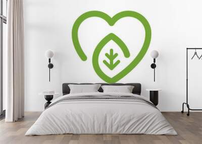 Nature love logo - heart and green leaf symbol. Ecology and environment, health and herbal medicine vector icon. Wall mural