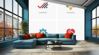 Teamwork logo set. Palm with checkmark, head with colleagues and gear wheel symbol, two hands make a deal and heart shape - business contract, cooperation, handshake and partnership icons. Wall mural