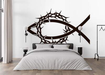 black crown of thorns with fish icon isolated on white background  Wall mural