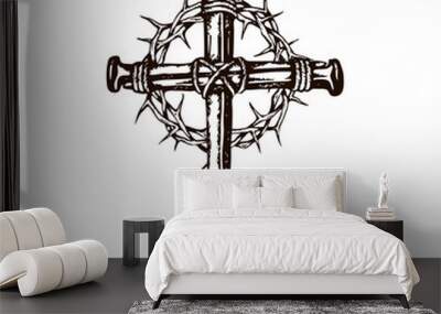 black image of jesus nail cross with thorn crown isolated on white background Wall mural