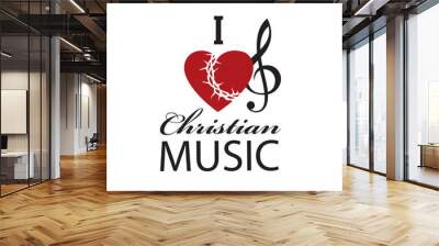 christian music emblem with heart and treble clef isolated on white background  Wall mural