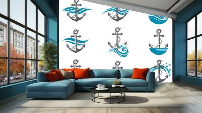 collection of anchor symbol with sea waves Wall mural