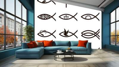 collection of black jesus fish icons isolated on white background Wall mural