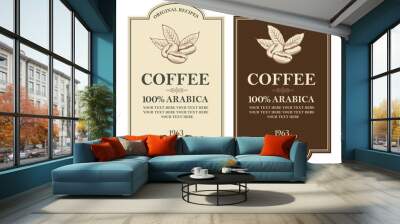 collection of coffee labels with branch, beans and cup Wall mural