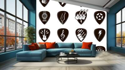 collection of different black guitar picks isolated on white background Wall mural