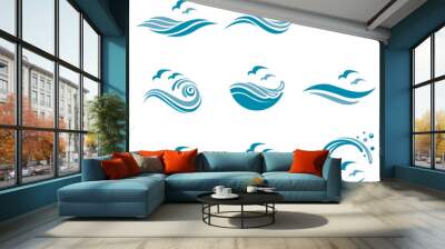 collection of ocean logo with waves and seagulls Wall mural