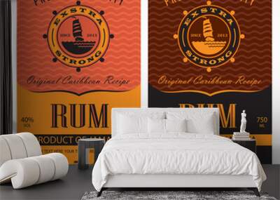 collection of rum labels with yacht and helm in retro style Wall mural