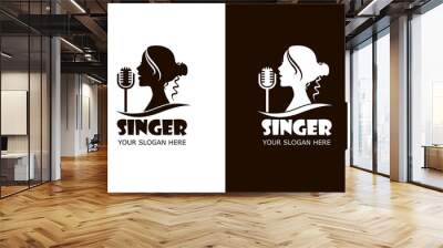 icons with singing woman and microphone isolated on white and black background Wall mural