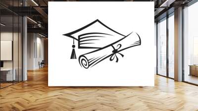 illustration of graduation cap and rolled diploma isolated on white background Wall mural