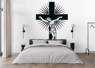 illustration with crucifixion of jesus on cross isolated on white background Wall mural