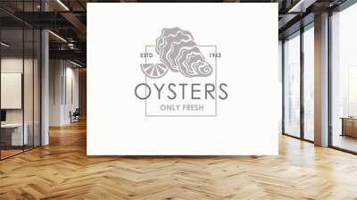 label of fresh oyster shell and lemon isolated on light background Wall mural