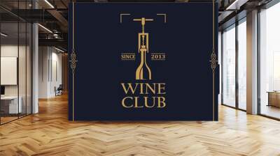 wine club emblem with bottle and corkscrew on dark background Wall mural