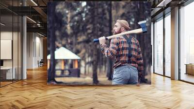 a bearded lumberjack with a large ax Wall mural