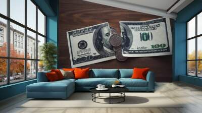 A USA banknote value of 100 usd. The concept of finance, investment, savings and cash. Money background. Currency exhange. Economic crisis. Rouble dollar cash. Wall mural