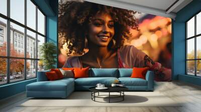 A young woman is dancing at a concert having a good time at an open air venue in the night. Wall mural