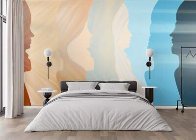 Abstract line of human profiles executed in paint style on the subject of cultural diversity Wall mural