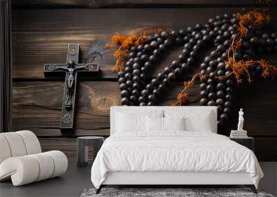 Beads with cross on the dark stone table background Wall mural