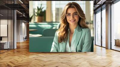 beautiful elegant girl real estate agent broker stand desk ready work meeting office wear green jacket blazer Wall mural