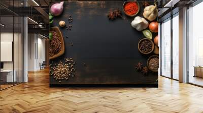 Black stone cooking background. Spices and vegetables. Top view. Free space for your text. Wall mural