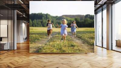 Children walk in the summer in nature. Child on a sunny spring morning in the park. Traveling with children. Wall mural