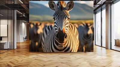 close up from a zebra surrounded with black and white stripes in his herd Wall mural