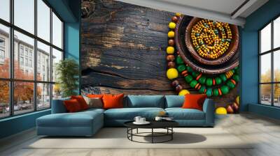 Colorful Beaded Jewelry and Bowl on Rustic Wooden Table Wall mural