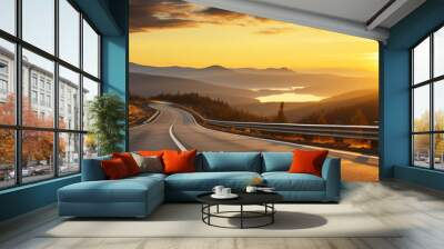 Country road and mountain in summer at sunset. Wall mural