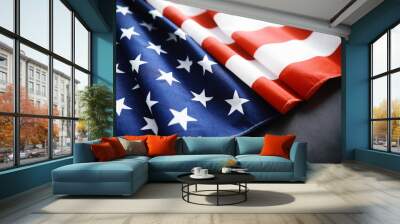 Flapping flag USA with wave. American flag for Memorial Day or 4th of July. Closeup of American flag dark background Wall mural