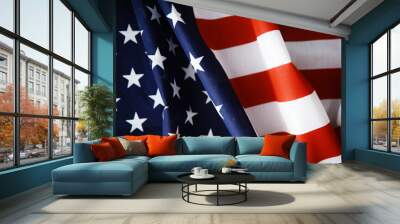 Flapping flag USA with wave. American flag for Memorial Day or 4th of July. Closeup of American flag dark background Wall mural