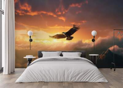 Flying eagle on beautiful sunset sky background - Bird of prey. Generative ai Wall mural