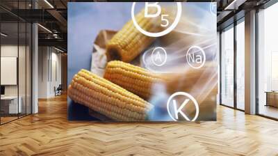 Freshly made fragrant ear of corn with salt. Farm snack of fresh corn. Healthy breakfast and healthy lifestyle concept. Wall mural