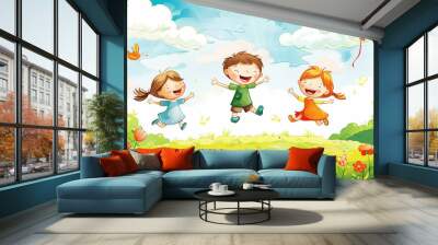 Happy kids jumping together during a sunny day Wall mural