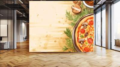 Italian pizza and ingredients. Italian food menu design. Vintage hand drawn sketch, illustration. Engraved style illustration. Wall mural